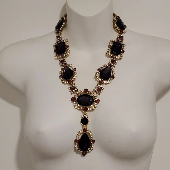 Purple amber and clear rhinestones goldtone statement necklace NIB wedding prom - Picture 9 of 10